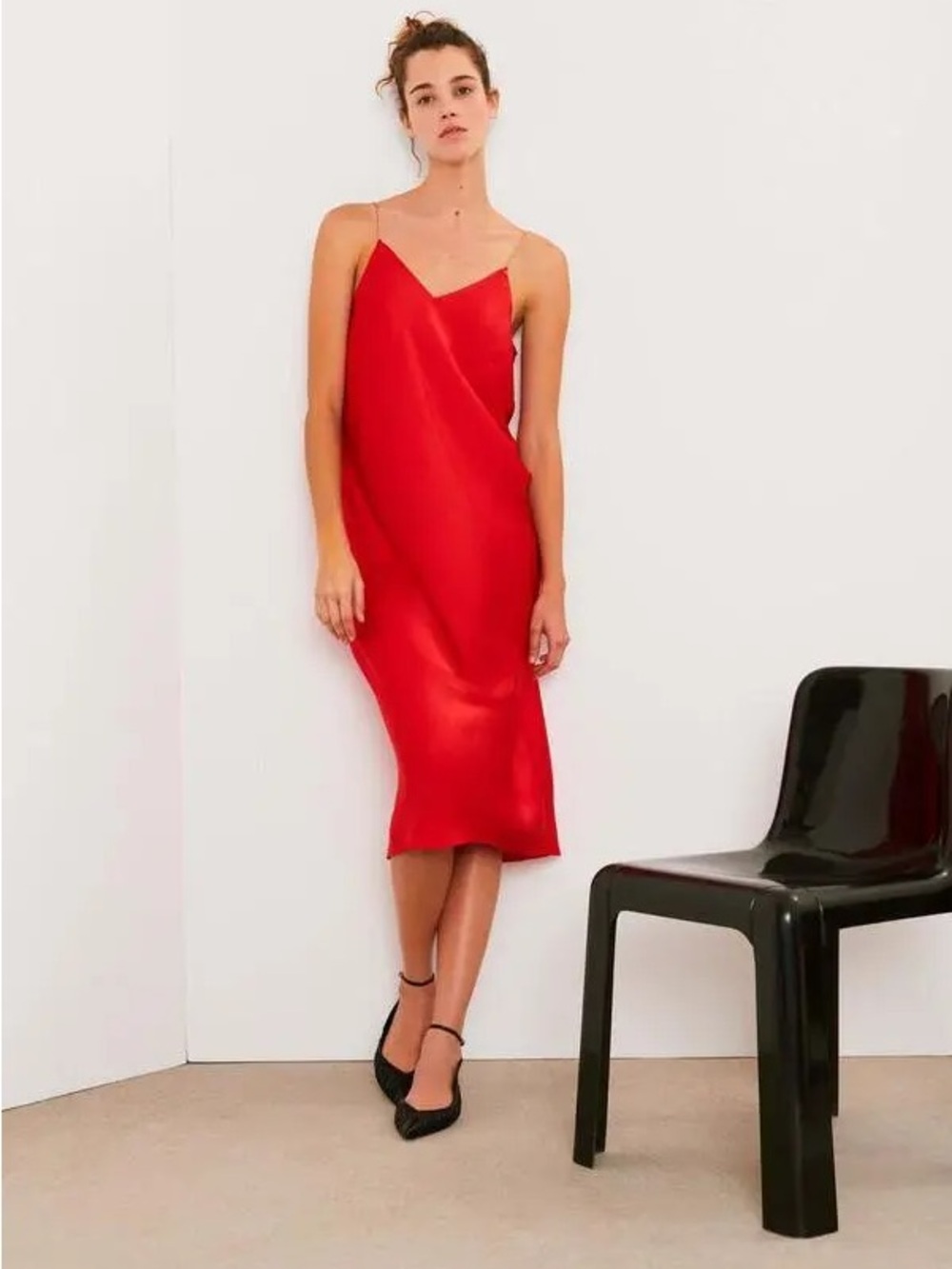 ba&sh Chiara Midi Satin Slip Dress Gold Chain Straps Cocktail Red Orange Size M